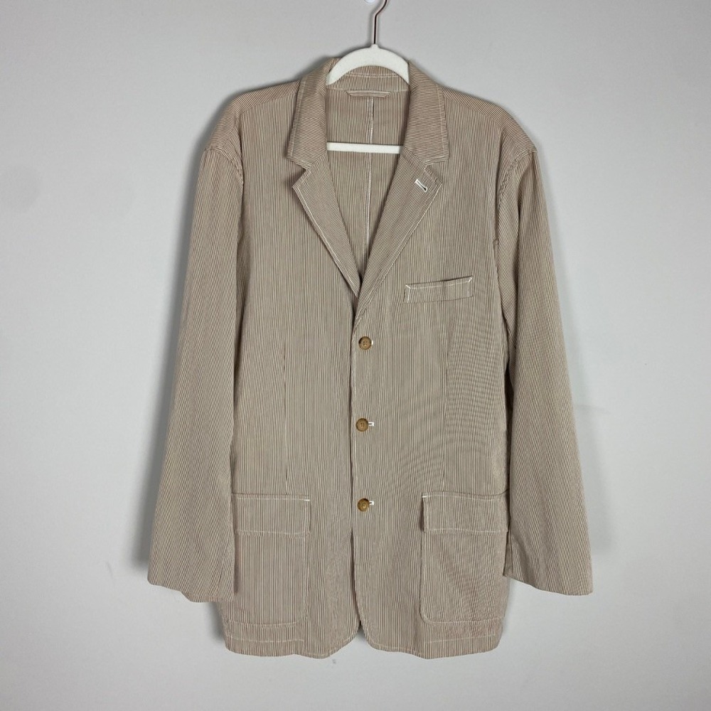 J Crew Pinstripe Cotton Blazer Mens XL Tan White 3 Button Sport Coat Jacket